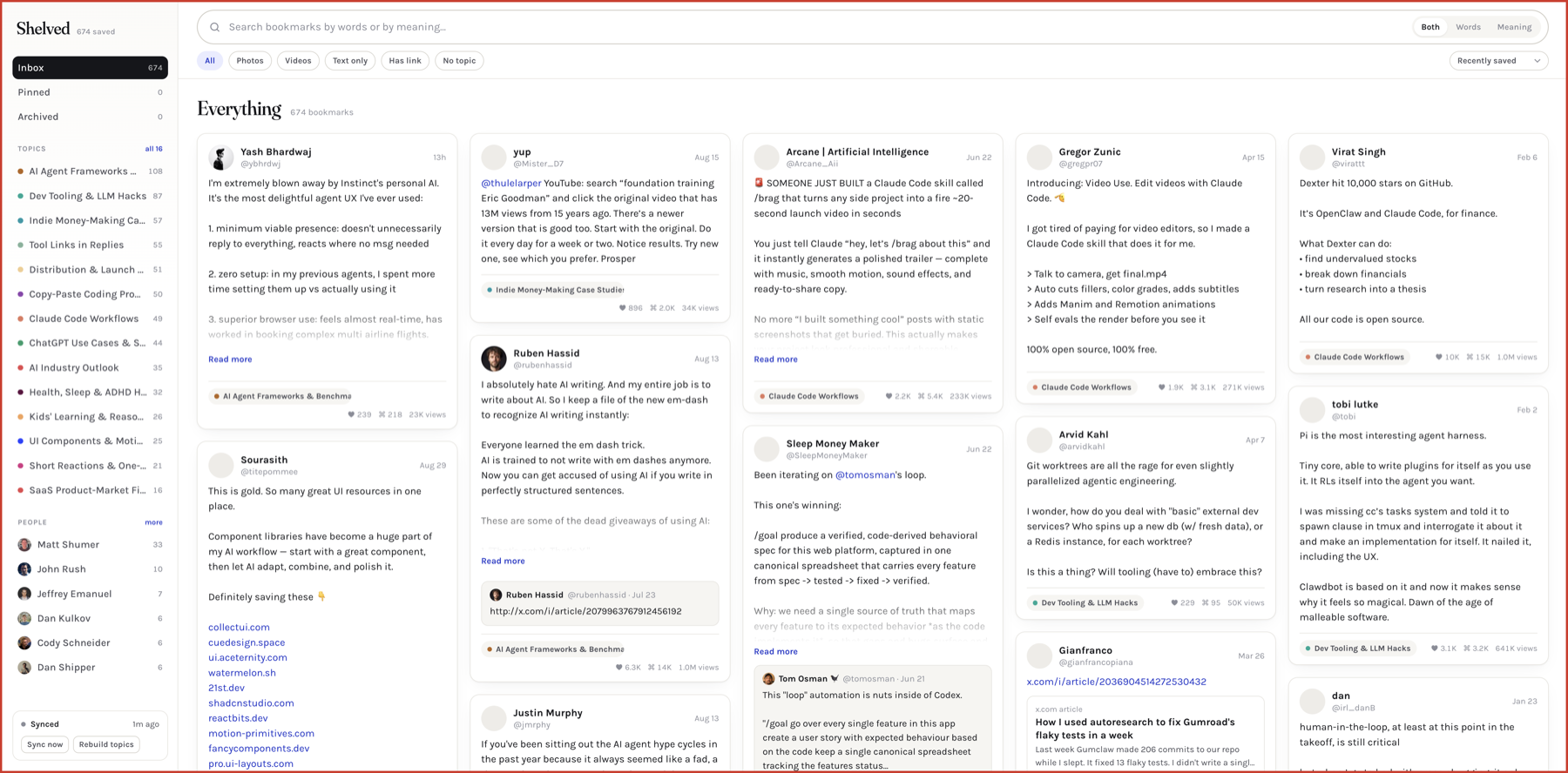 The Shelved feed: bookmarks as cards on white, topics in the sidebar, a search box on top